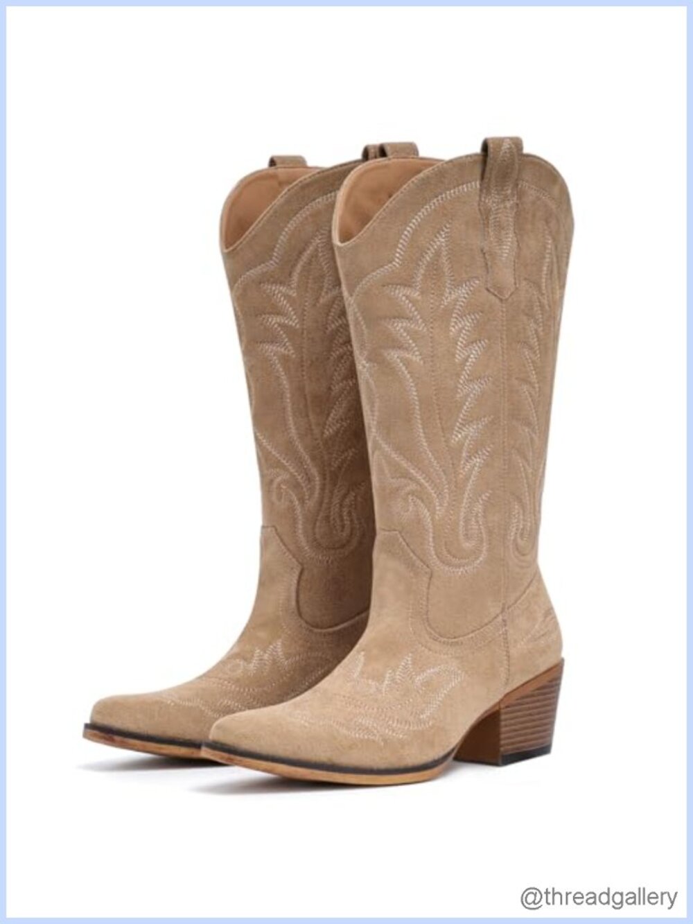 Western Mid Calf Cowboy Boots Faux Leather Suede Embroidered